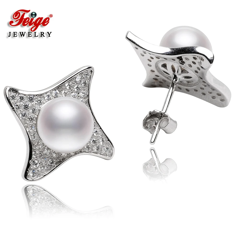 

Star shape Pearl Stud Earrings 7-8mm White Natural Freshwater Pearls 925 Sterling Silver Earrings For Women's