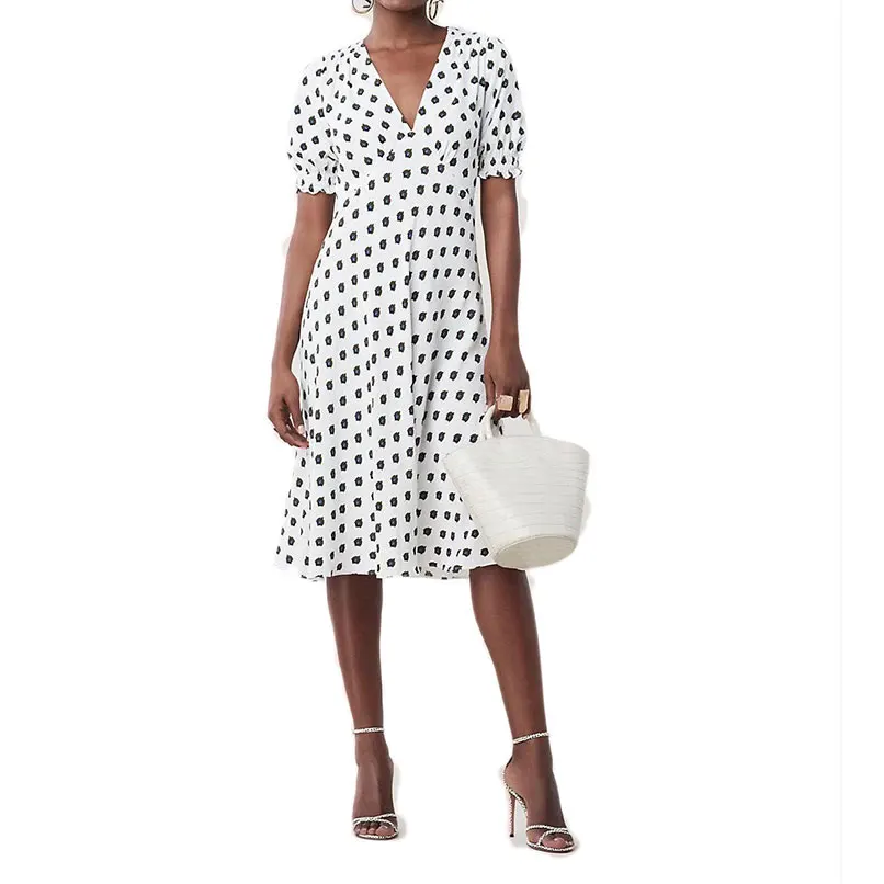 

2019 Summer Women V-Neck Short-Sleeved Small Pinecone Print Long White Dress Ladies Casual Midi Dressse Robe Femme