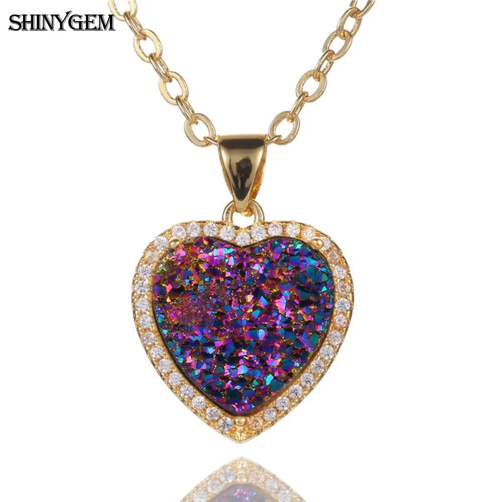 Shinygem Fashion Gold Silver Love Heart Mineral Crystal Pendant Necklace Sparkling Rainbow Blue Opal Druzy Necklaces For Women Buy At The Price Of 4 99 In Aliexpress Com Imall Com