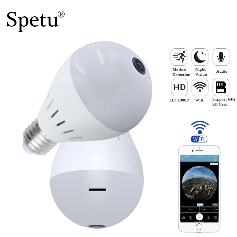 Spetu 2MP 1080P Bulb Light font b Wireless b font IP Camera Panoramic Wi Fi Lamp