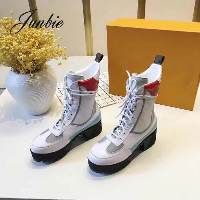 

JUNBIE Genuine Leather Gladiator Lace Up Women Ankle Boots Sexy Platform Thick Heel Women Autumn Winter Boots Shoes Women