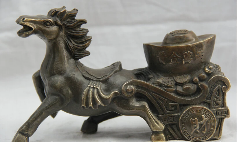 

150610 S1408 7" China Chinese Bronze Folk Zodiac Year Horse torr money wealth Yuan Bao Statue