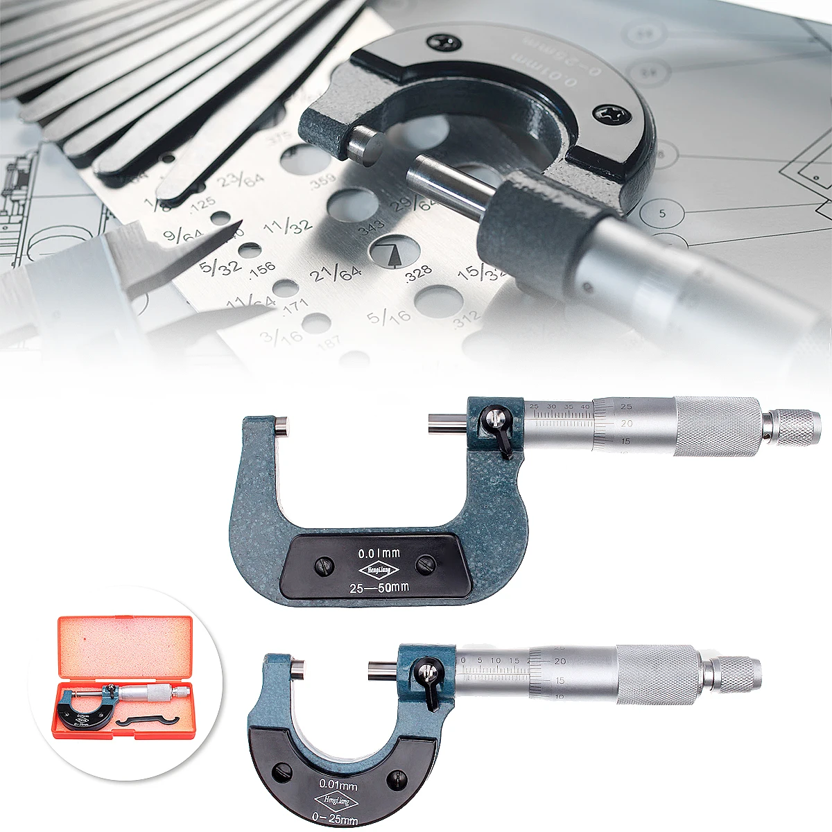 

0-25mm/25-50mm 0.01mm Caliper Measuring Tools Metric External Outside Micrometer Caliper Guage Graduation Micrometer