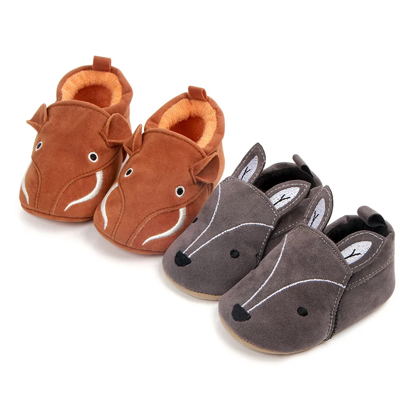 Детская обувь; кожаная прогулочная обувь; Милая Зверюшка лиса и слон; обувь для малышей; обувь из флока для новорожденных; нескользящая подошва