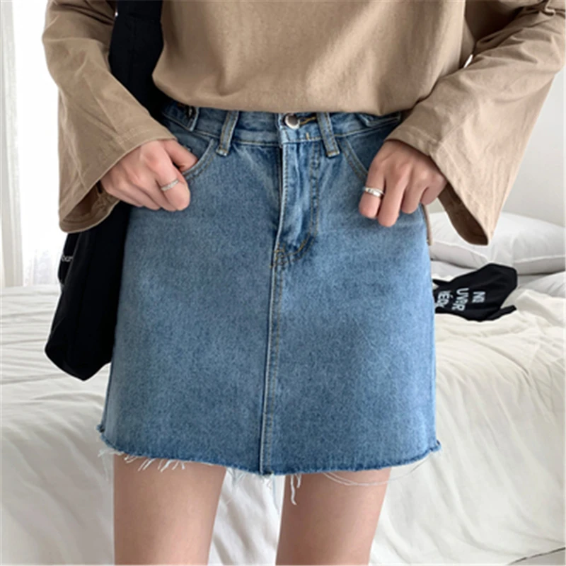 Women Blue Ripped Casual Mini Denim Skirt 2019 Summer New Bodycon Women Skirt Basic Pocket Jeans Skirt Mid Waist Skirt T455