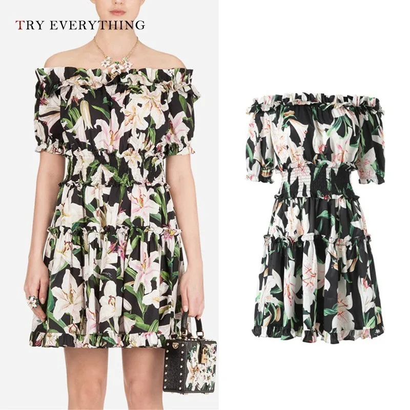 

Ruffle Floral Women Summer Dress Off Shoulder Chiffon Beach Dress Ladies Short Sleeve A Line Short Dresses Summer 2019 Woman