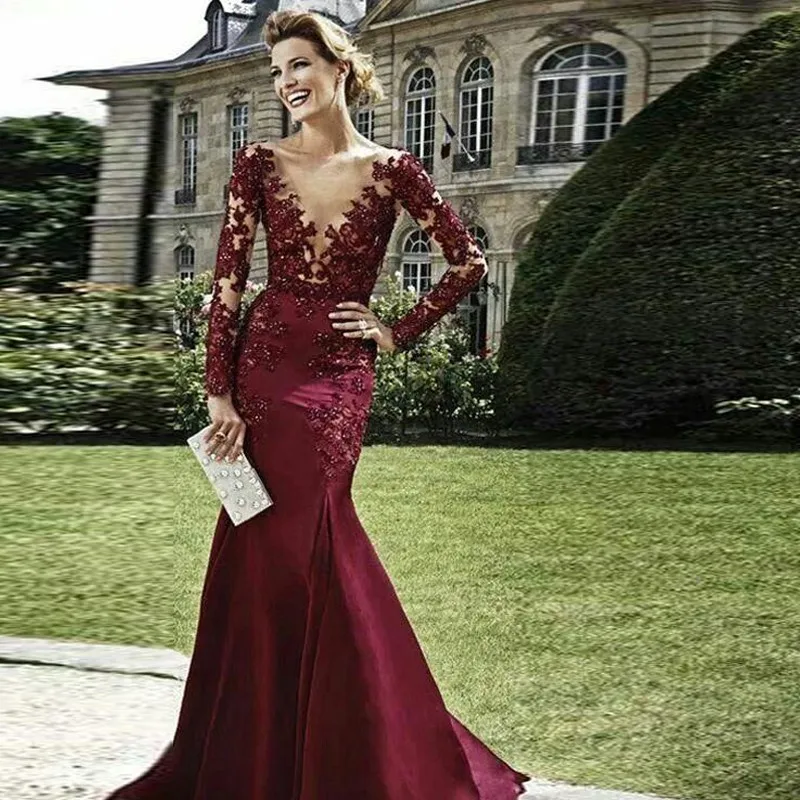 

Elegant Mermaid Evening Dresses V Neck Full Sleeves Long Prom Dresses 2017 Women Gowns Special Occasion Dresses robe de soiree