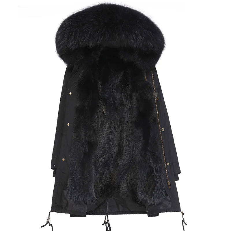 Длинная зимняя куртка с подкладкой из натурального меха енота, женская верхняя одежда, толстые парки, пальто с воротником из натурального меха енота