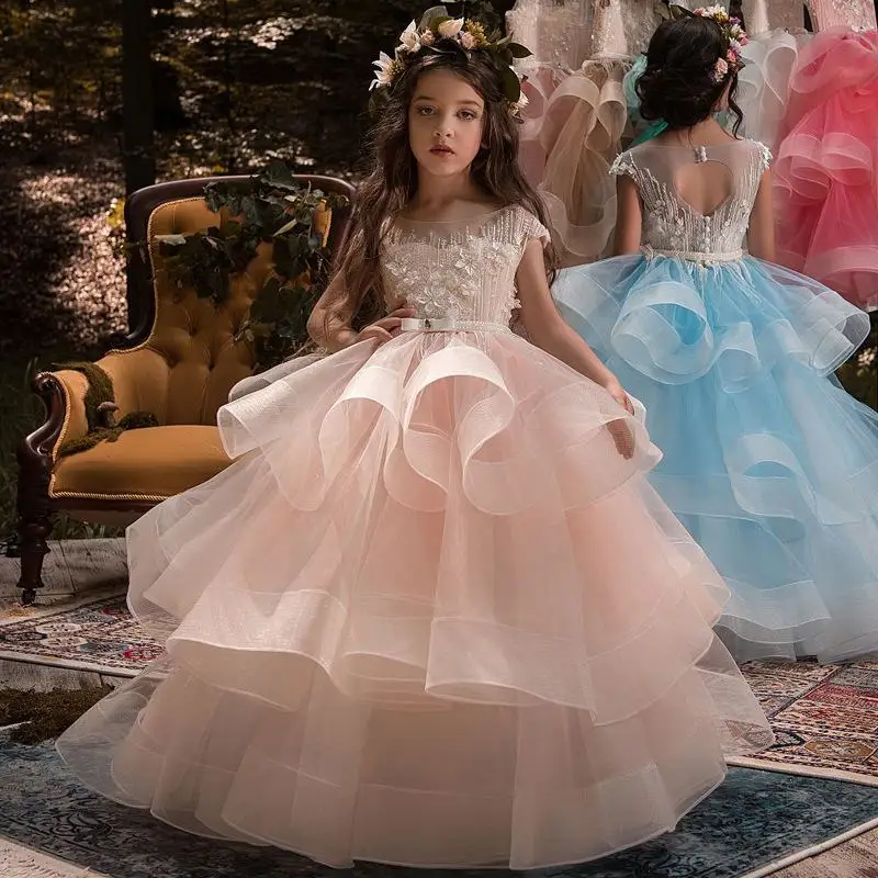 

2019 Kids Girl Lace Applique Princess Dress Children Holy First Communion Dresses Baby Girl Mesh Open Back Prom Gown Q943