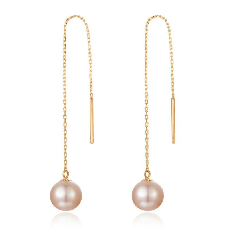 

Brand Trendy Drop Earrings Real 18K Gold with Freshwater Pearl Jewelry Ear Wire Long Chain Brincos for Girls