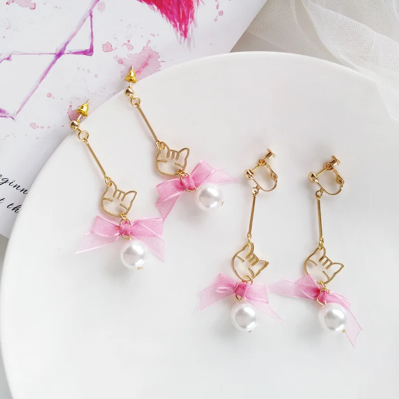 

Sweety Hollow Cat Head Clip On Earrings Non Pierced for Women Cute Big Simulated Pearls Pink Bowknot Clip Ears Earrings