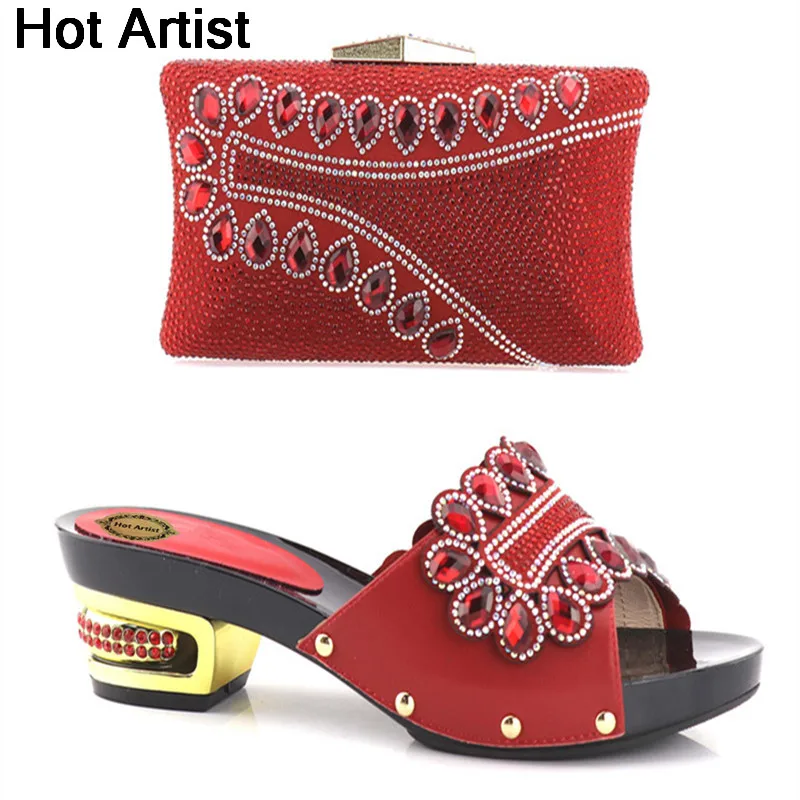 

Hot Artist Nice Design Italian Shoes With Bags Latest Rhinestone African Women Low Heels Shoes and Bags Set For Party YH-09