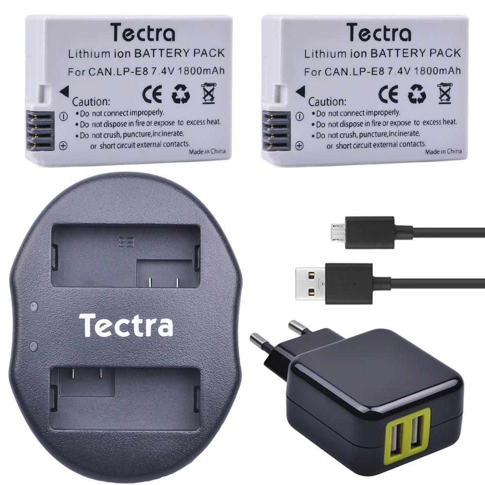 

Tectra 2Pcs LP-E8 LPE8 LP E8 Li-ion Bateria +USB Dual Charger + AC Adapter for Canon EOS 550D 600D 650D 700D Rebel X4 X5 X6i X7