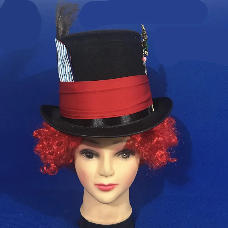 CostumeBuy Алиса в стране чудес Mad Hatter шапка для косплея с красный парик для взрослых Mr Mad Tarrant Hightopp красные кудрявые украшения для причесок L920