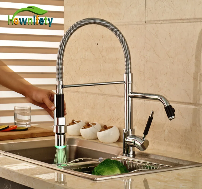 

Chrome Single Handle Pull Down Spray Kitchen Sink Faucet One Hoel Hot&Cold Water Mixer Tap LED Light