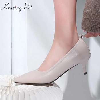 

Krazing Pot new shallow genuine leather thin high heel pumps slip on shoes pointed toe elegant office lady soft color pumps L3f2