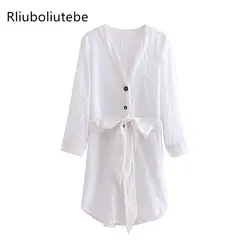 Летняя ажурная рубашка платье Женщины выдалбливают запястья рукава с v-образным вырезом на пуговицах с поясом бантом белые офисные платья