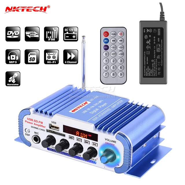 NKTECH HY-604 Car Audio High Power Digital Amplifier 4CH x 45W Hi-Fi Player with MIC Karaoke Reverberation Support FM SD DVD MP3
