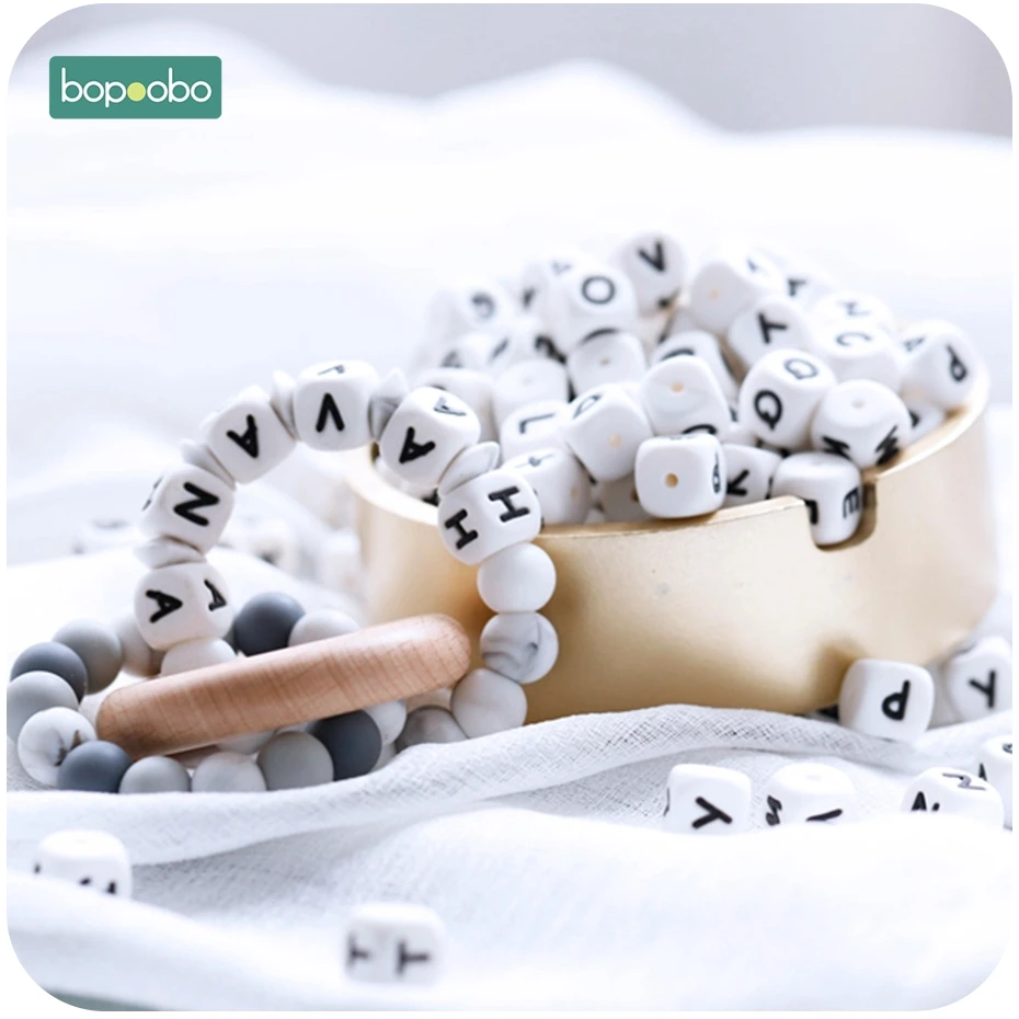 Bopoobo 20Pc Silicone Alphabet Baby Teething Letters Beads For Rattles Silicone Pearl Teether Beads 12MM Baby Silicone Teether