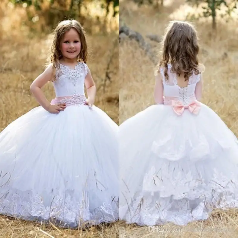 2019 Little Flower Girl Dresses for Weddings Beaded Bow Sash Lace Up ...