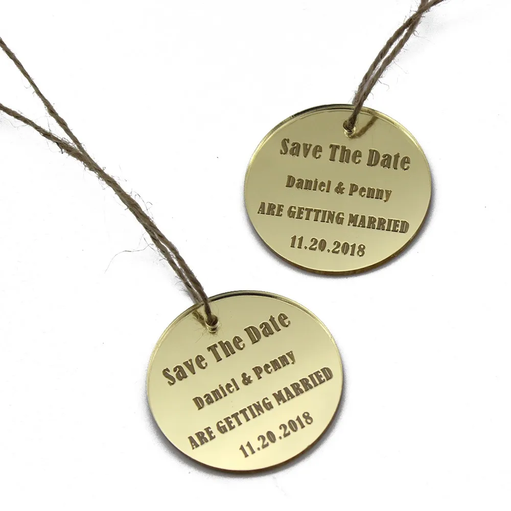 

30pcs Personalized Engraved Mirror Wedding Tags Save The Date Tag Round Circle Shape Gift Tags With Jute Ribbon Favors 50x50mm