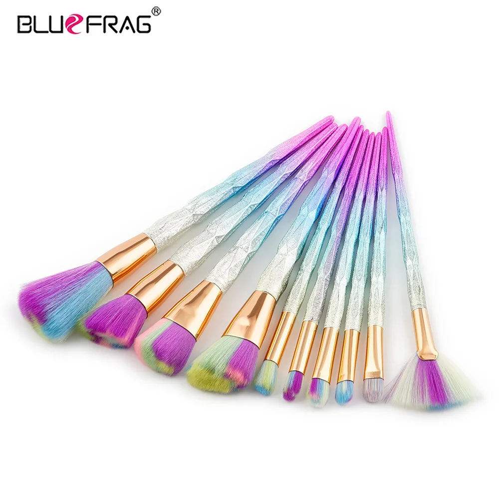 BLUEFRAG Mermaid Makeup Brushes 10pcs Professional Makeup Kit Contour Brush Eyeshadow Blending Brush Brand Foundation Brush Set