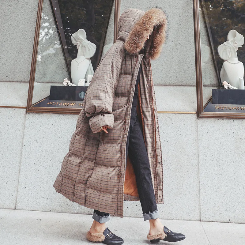 Новинка, зимние корейские повседневные свободные теплые женские парки с меховым воротником, женские куртки на молнии с карманами размера плюс, клетчатые женские пальто
