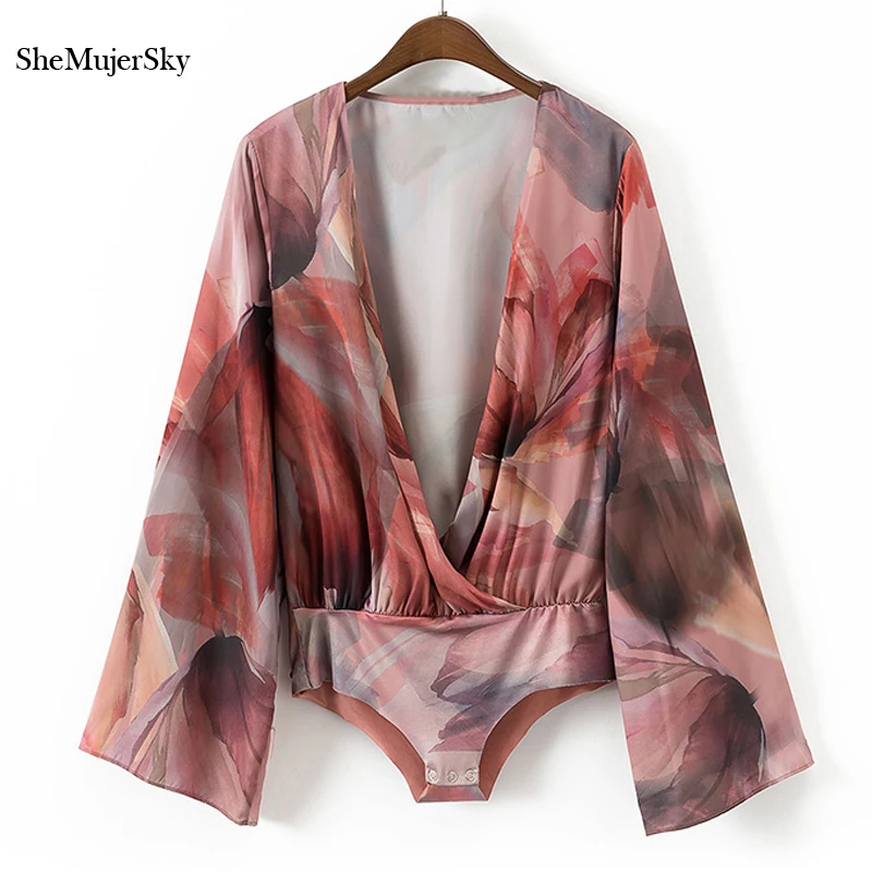 SheMujerSky Bodysuits Loose Body Suit Deep V Women Bodysuit Floral Printing barboteuse femme SheMujerSky Bodysuits Loose Body Suit Deep V Women Bodysuit Floral Printing barboteuse femme