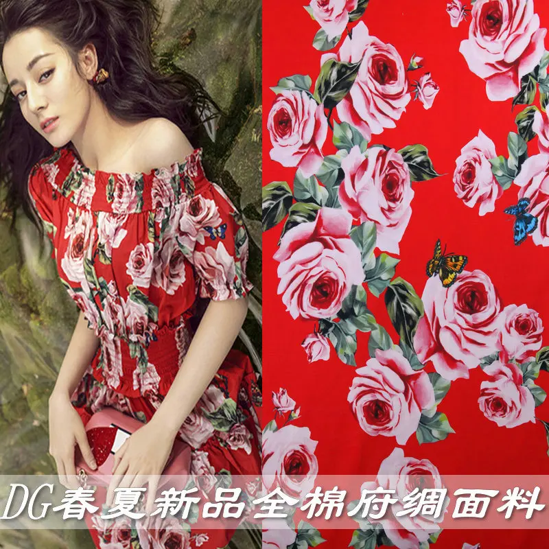 New products in spring and summer the same red rose printed dress cotton silk fabric pure shirt fabric. | Дом и сад