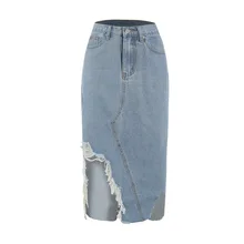 Западный стиль, модная, тонкая, SML, XL, XXL, высокая талия, грубая, с разрезом, синяя, женская, повседневная, асимметричная юбка, женская джинсовая юбка