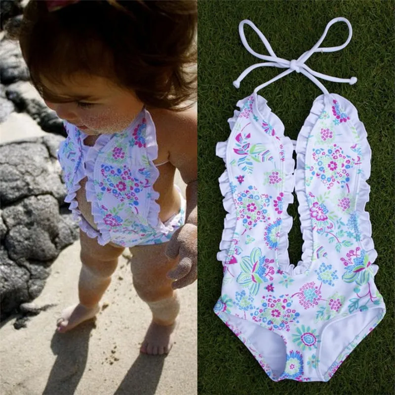 Для новорожденных, для маленьких девочек цветочный купальник, одежда для плавания слитные купальники Холтер Боди 1-6Year для детей белого цвета с цветочным принтом, купальники