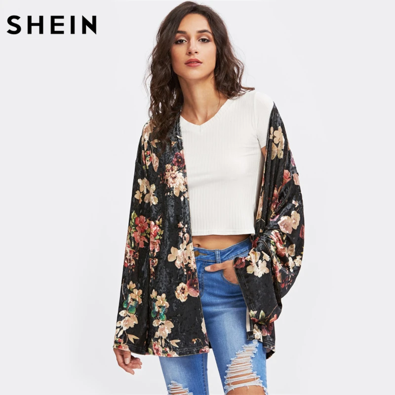 Buy SHEIN Open Front Floral Velvet Kimono Coat Elegant