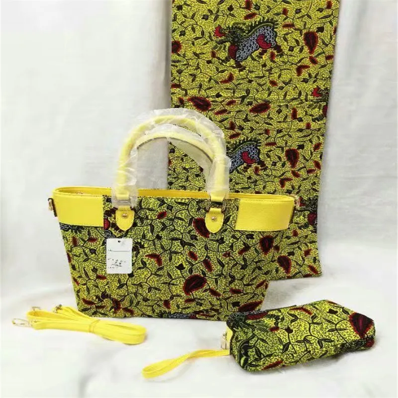

2019 New arrival Hollandai' wax bag 3 pieces/set,high quality woman handbag and 6 yards real Hollandai' dutch wax 100%cotton