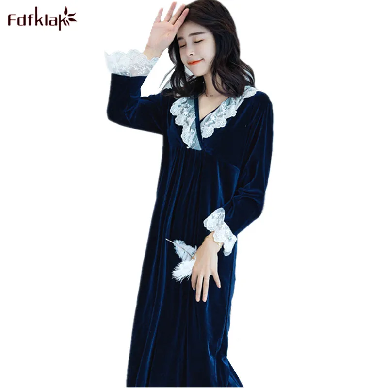Ночная рубашка Fdfklak Золотая Бархатная ночная с длинным рукавом|nightgowns women|princess