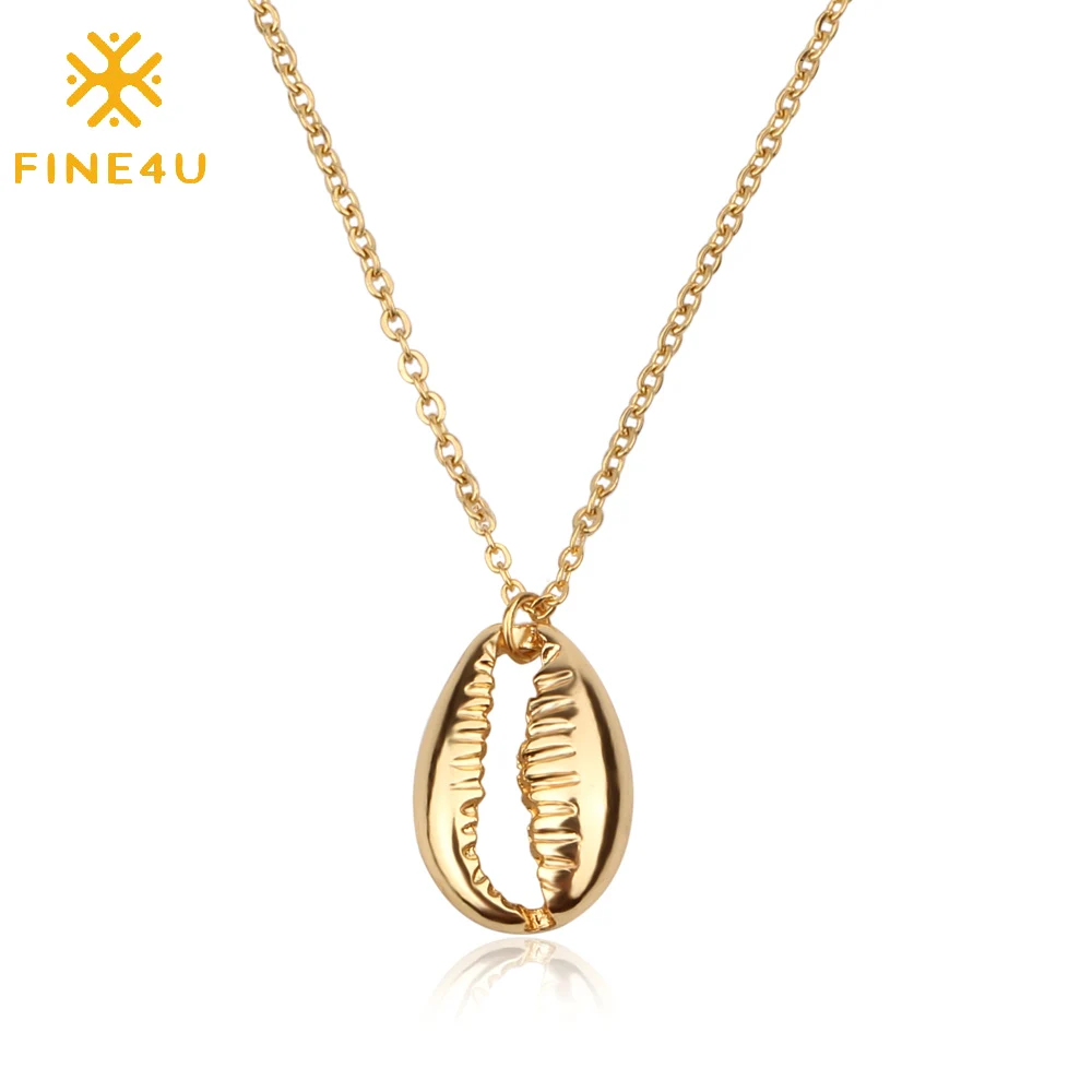 

FINE4U N170 Natural Sea Shell Pendant Necklace For Women Stainless Steel Chain Necklace 2019 Bohemia Summer Beach Jewelry