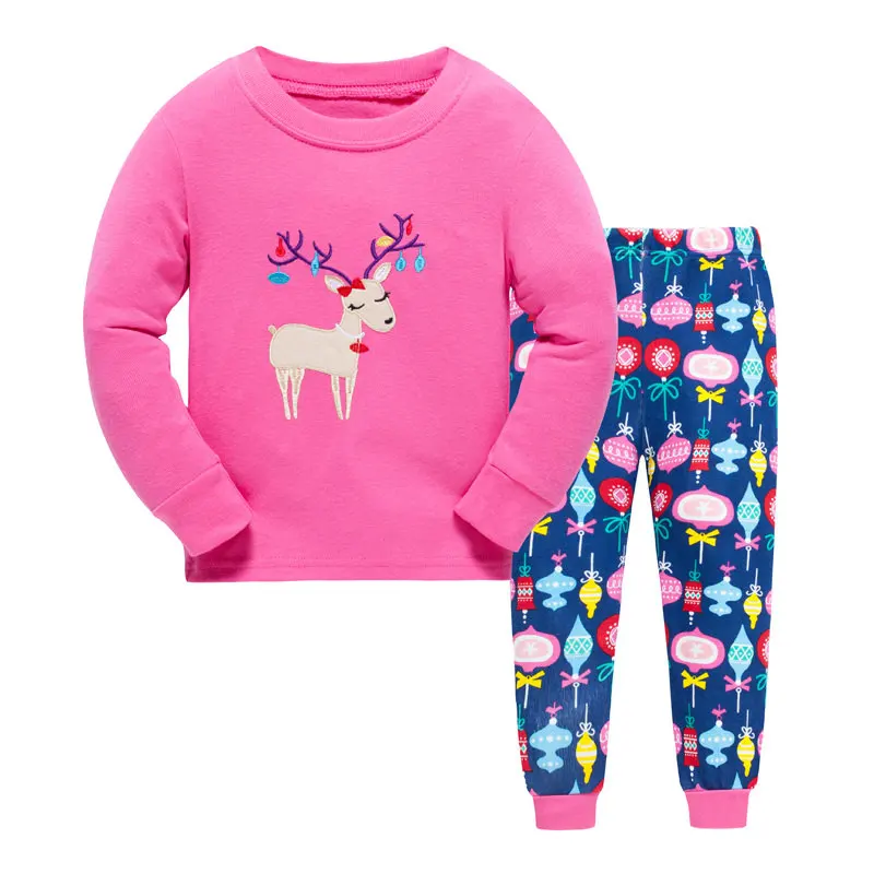 

P876, Deer, Children girls pajamas, long sleeve cartoon sleepwear sets for 1-7 year