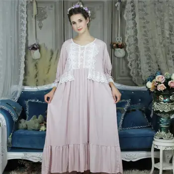 

Vintage style palacess women loose lace patchwork women Nightgowns 2019 autumn new half sleeve cotton female sleep dress gx1057