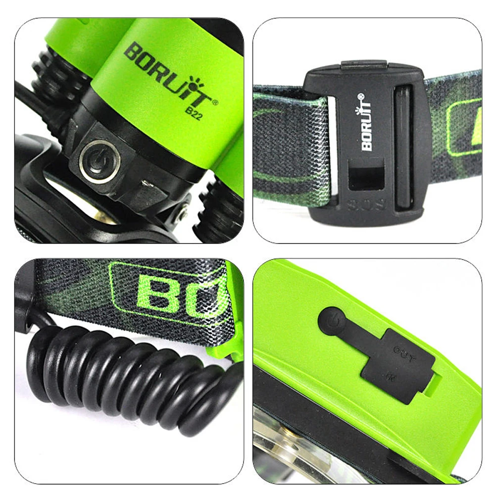 BORUIT B22 перезаряжаемый светодиодный налобный фонарь L2 + 2X XPE зеленый Micro USB для