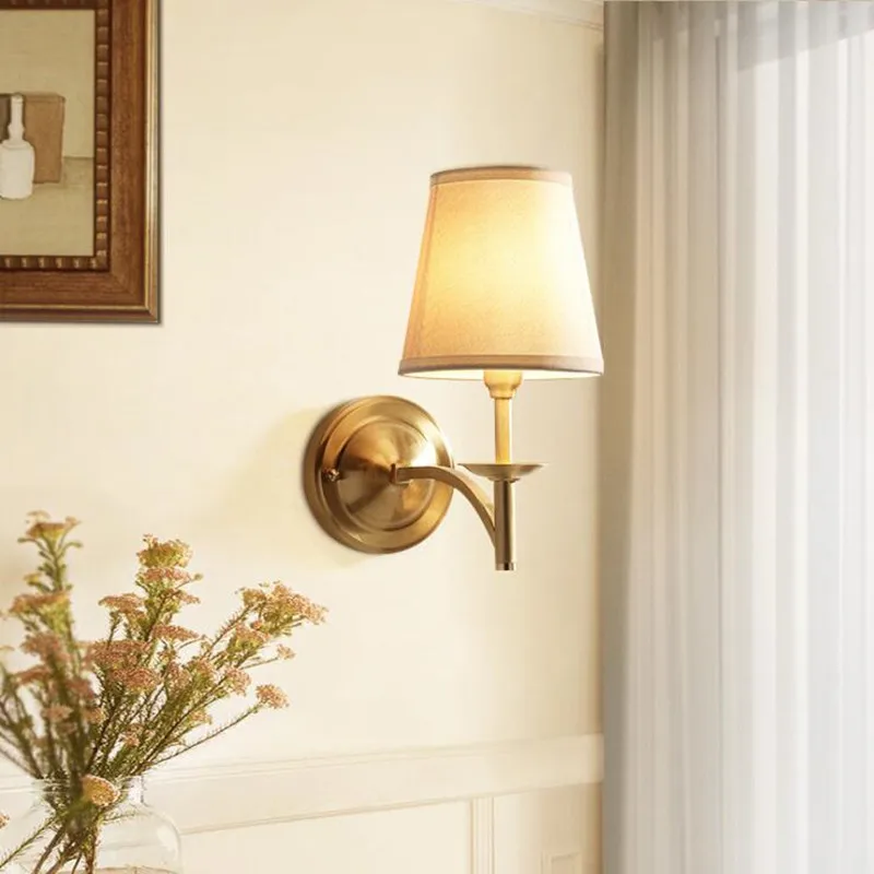 

American Country Living Room Bedroom Copper Wall Lamp Simple Bedside Restaurant Cloth Art Home Decoration LED Wall Light