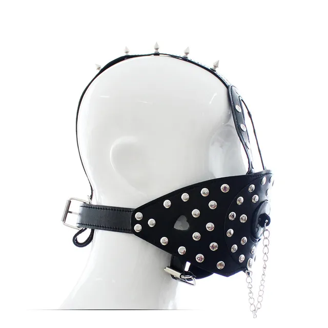 Pu Leather With Rivets Head Harness Mask Open Mouth Gag Adult Game 