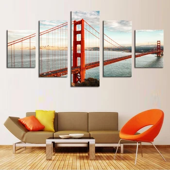 

Unframed 5 pcs Large HD High Quality Cheap Modern Red Bridge Art Pictures Modern Canvas Wall Art Print Painting For Home Decor