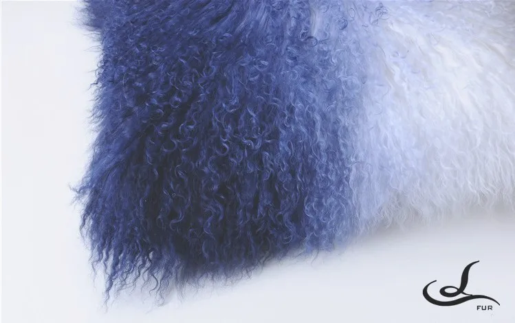 Тибетская овчина курчавая меховая подушка, градационный синий цвет мягкий овечий мех бросок для мебели, настоящий монгольский овечий мех