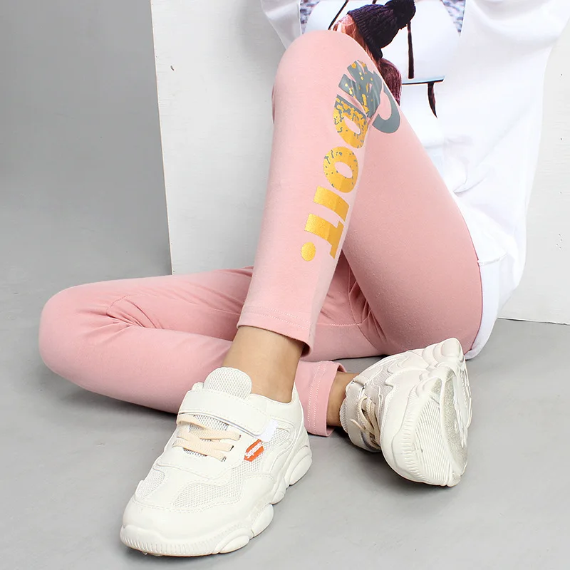 Леггинсы для девочек осенние модные эластичные детские штаны для отдыха с буквенным принтом, штаны для девочек-подростков 6, 8, 10, 12, 14 лет, одежда Dwq436 - Цвет: pink