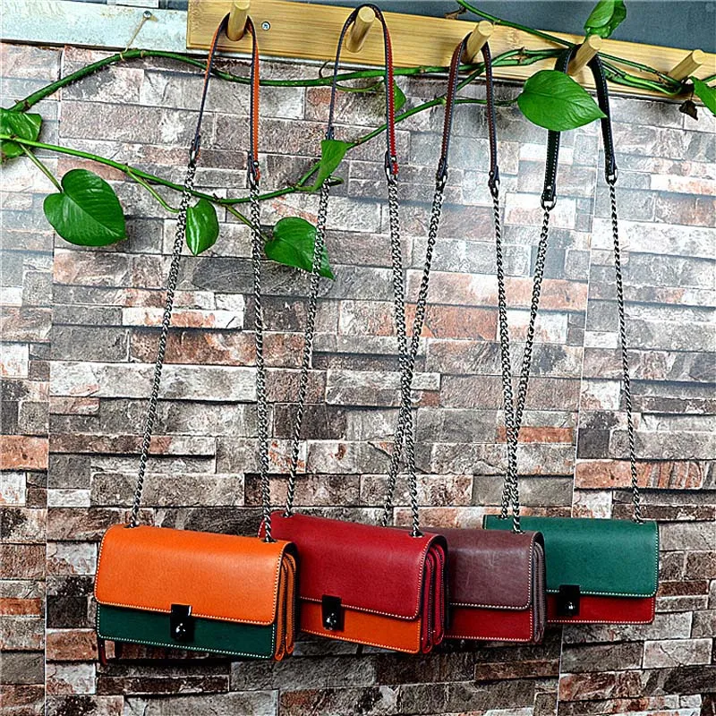 

EUMOAN The first layer female bag cross section soft leather hit color vegetable tanned leather small bag shoulder bag