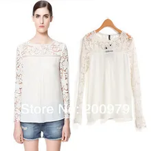 2015 Summer Hook Women’s Needle Knitted Cutout Flower Patchwork Chiffon Blouse Lace Shirt Women Ladies Hotsale Wholesale