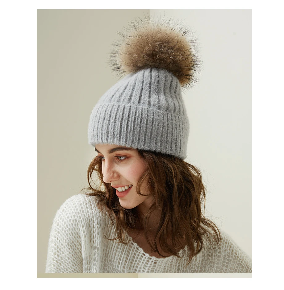 Woman Winter Hat Imitation Mink Fur Slouchy Beanie Thick Warm Turban Femme Straight Crochet Wool Hat Fur Pompom Skullies Beanies (14)
