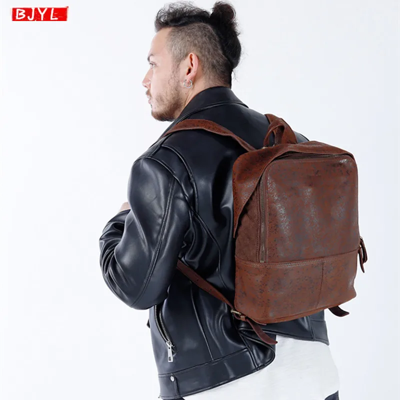 

BJYL Cowhide leather Men's backpack retro genuine leather shoulder bag Men fashion travel vintage portable computer backpacks