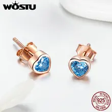 WOSTU женские серьги-гвоздики в форме сердца из подлинного 925 пробы, серебряного розового золота, ослепительные CZ серебряные Роскошные ювелирные изделия, Подарок на годовщину