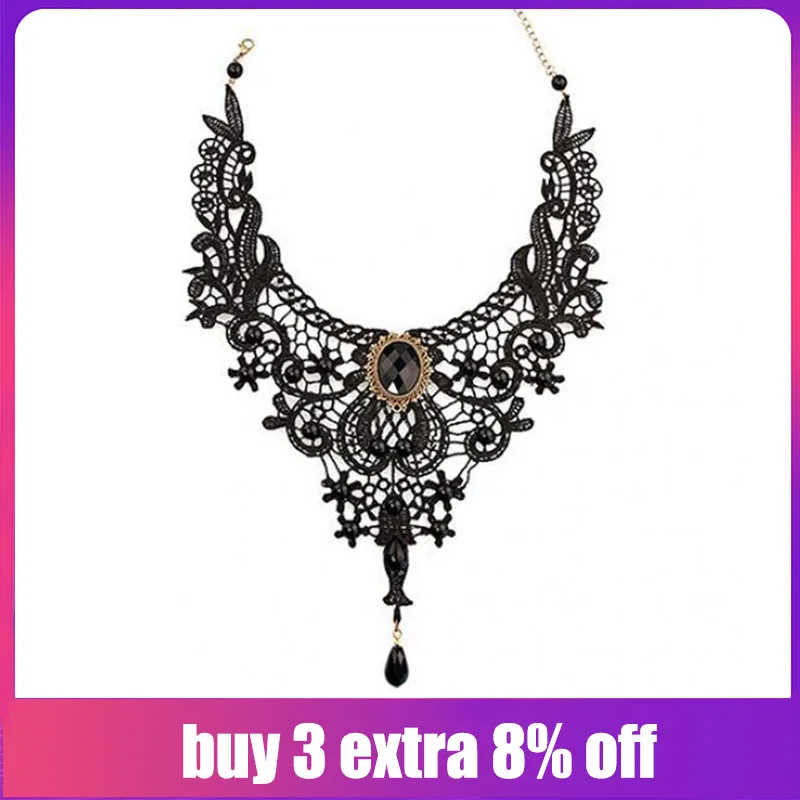 

FUNIQUE Boho Black Lace Choker Hollow Necklace Gothic Party Jewelry Gift For Women Clavicle Waterdrop Heart Pendant Necklace