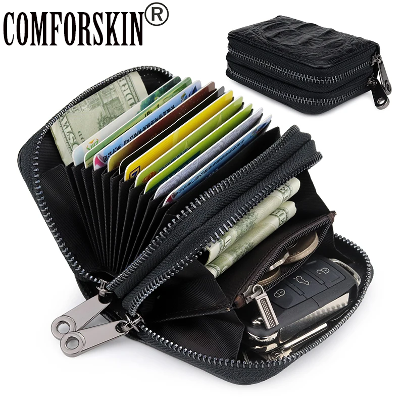 

COMFORSKIN Premium 100% Genuine Leather Double Compartment Card Wallet 2019 New Arrivals Stylish Crocodile Pattern Card Holders